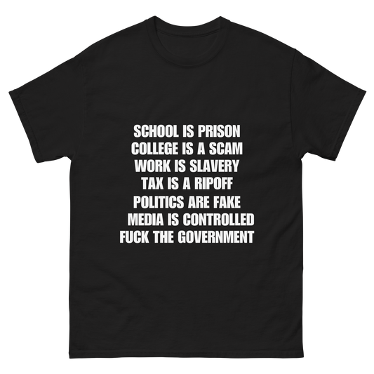 School is Prison, Work is Slavery, Tax is a Ripoff, Politics are Fake, Media is Controlled, Fuck The Government Tee